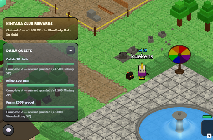 A pixel-art MMORPG game interface showing 'KINTARA CLUB REWARDS' with daily quests to 'Catch 20 fish,' 'Mine 500 coal,' and 'Farm 2000 wood,' featuring a level 28 player named 'kuekens' on a grassy tile field.