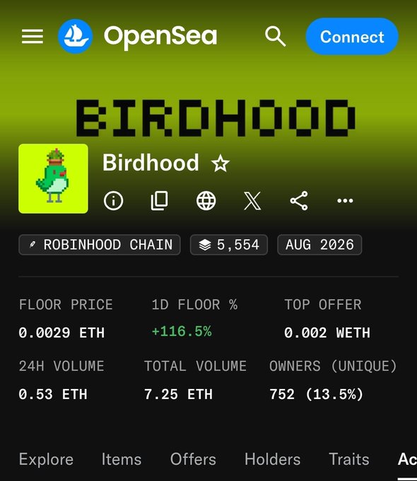 A screenshot of the OpenSea NFT marketplace page for the 'Birdhood' collection on Robinhood Chain, showing a floor price of 0.0029 ETH (+116.5% 1D) with 24H volume of 0.53 ETH.
