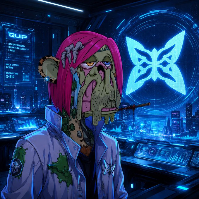 An AI-generated artwork of a zombie-like character with pink hair and a lab coat standing in a cyberpunk setting with holographic displays showing 'QUIP' and a butterfly logo.