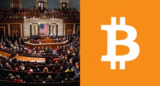 The image shows a divided scene with the US House of Representatives chamber filled with lawmakers on the left, and a large white Bitcoin logo on an orange background on the right. This visual pairing represents the intersection of US legislation and cryptocurrency, illustrating the proposed ADAPT Act's potential to reform crypto taxation in America.