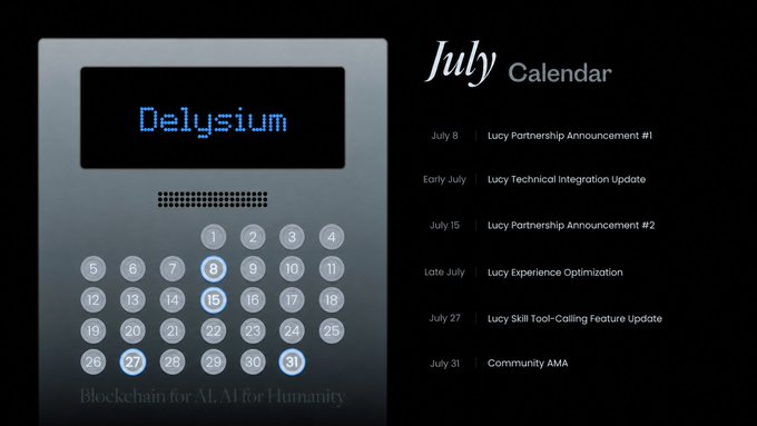 A July calendar graphic for 'Delysium' blockchain project, listing events such as 'Lucy Partnership Announcement' on July 8 and a 'Community AMA' on July 31.