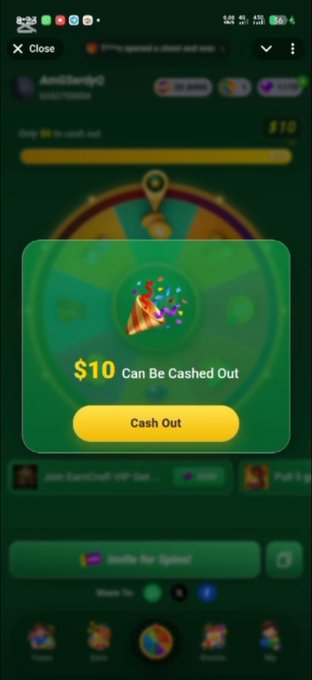 A mobile screenshot shows a green-themed wheel-of-fortune app displaying "$10 Can Be Cashed Out" with a yellow "Cash Out" button, linked to the EarnCraft platform referenced in the post for earning money through spins.