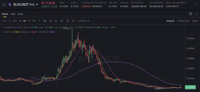 A candlestick chart on the Binance trading platform shows SLXUSDT perpetual pair priced at 0.11314, down 0.44%, with a visible downtrend following a prior rally peak near 0.60. The chart illustrates the downward price action referenced in the post, suggesting potential recovery to all-time highs once the current bearish trend and macro headwinds subside.