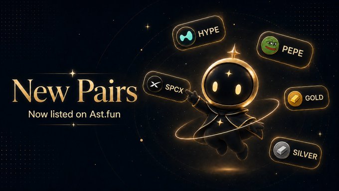 Promotional graphic titled 'New Pairs - Now listed on Ast.fun' featuring an astronaut mascot surrounded by tokens for HYPE, PEPE, SPCX, GOLD, and SILVER.