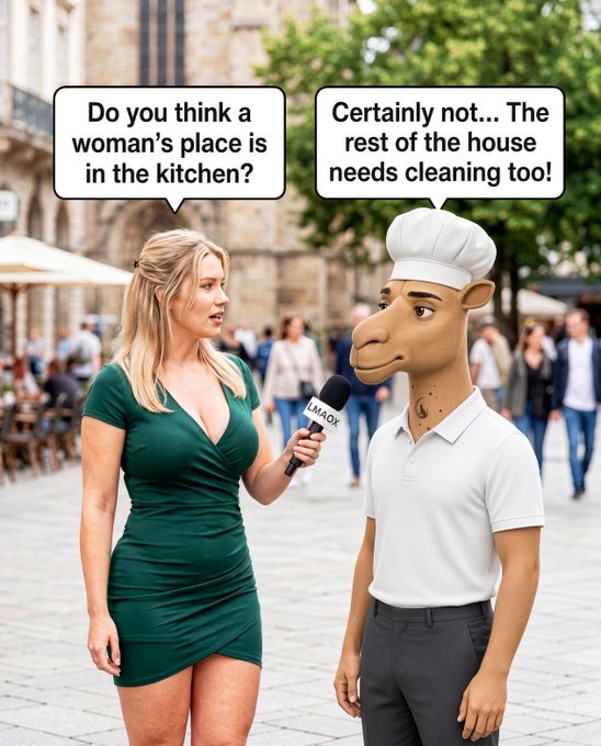 A comedic meme showing a blonde woman interviewing a man with a horse-like face wearing a chef's hat; the woman asks 'Do you think a woman's place is in the kitchen?' and he responds 'Certainly not... The rest of the house needs cleaning too!'.