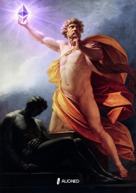 An artistic depiction of Prometheus holding the Ethereum logo, symbolizing the upgrade of the world to the Ethereum network. The logo is prominently featured as a glowing purple diamond, representing innovation and progress.