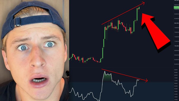 A young man wearing a backwards cap displays a shocked expression on the left side of the image, while the right side shows a Bitcoin price chart with a red upward arrow highlighting a recent rally and a red downward arrow indicating declining RSI momentum, visually emphasizing the post's warning that Bitcoin's price surge is creating a "dangerous" divergence.
