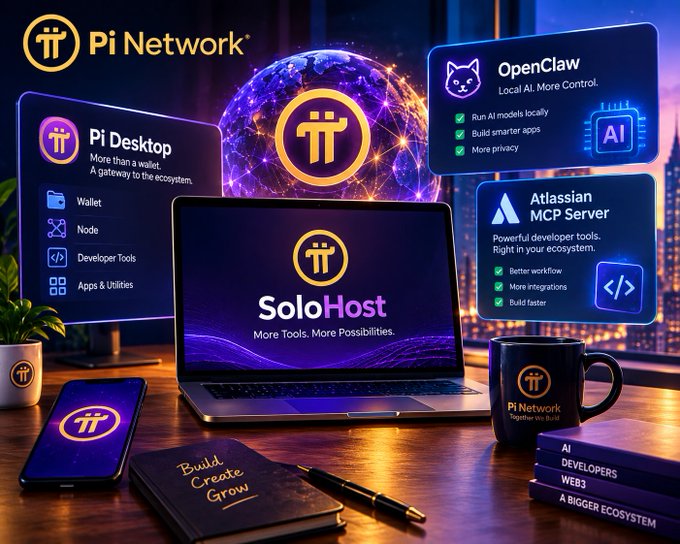 A promotional image for Pi Network's "SoloHost" desktop application, showing a laptop with the Pi logo, a smartphone, a branded coffee mug, and feature callouts for Pi Desktop, OpenClaw local AI, and Atlassian MCP Server.