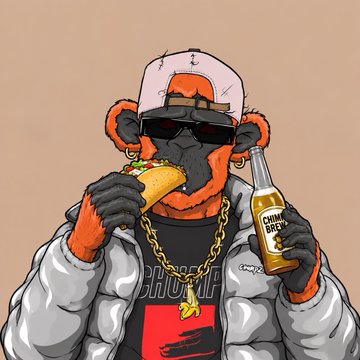 An illustration of an anthropomorphic orange bear wearing sunglasses, a backwards cap, a white puffer jacket, and a gold chain, eating a taco while holding a bottle labeled 'CHIMMY BREW'.
