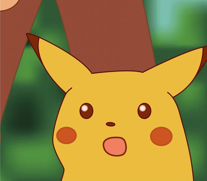 A shocked-looking Pikachu with wide eyes and an open mouth appears in the image, perfectly matching the "Shocker!" caption to convey surprise.