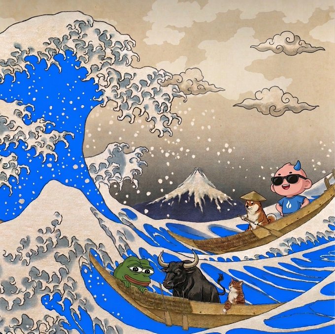 A colorful digital illustration parodying Hokusai's 'Great Wave off Kanagawa,' featuring a small character with a blue horn and sunglasses in a boat, a Frog and Cow meme in another boat, with Mount Fuji and stormy waves in the background.