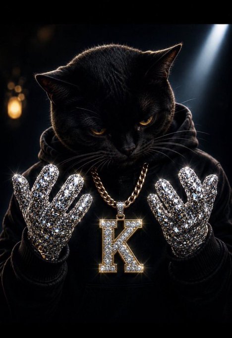 A black cat wearing a hoodie displays glittering diamond-encrusted gloves and a large diamond-studded "K" pendant, representing the $KATE token's luxurious "Godly Reversal" hype with record-breaking volume and holder growth.