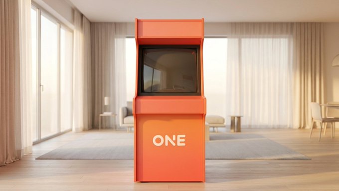 An orange arcade machine labeled "ONE" stands in a bright, minimalist living room. The image ties to the post by visually representing ONEstore's role as a physical space where AI-created games are delivered straight to players.