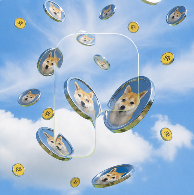 Multiple Shiba Inu dog coins floating in a cloudy blue sky background, arranged around a central outline shape, with yellow cryptocurrency tokens scattered throughout.