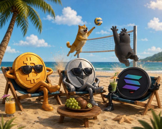 Anthropomorphized cryptocurrency coins (Bitcoin, Ethereum, and Solana) relaxing in beach chairs with sunglasses while a Shiba Inu dog and a hippo play volleyball in the background.
