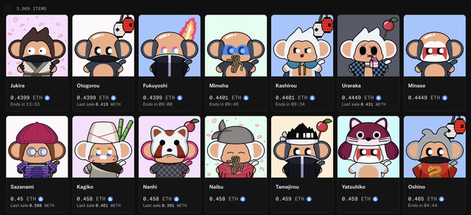 A grid display of 14 cartoon monkey NFT characters with Japanese names like Jukira, Otogonou, Fukuyoshi, and Minase, each priced around 0.4399-0.465 ETH and labeled as the 'Last sale.'