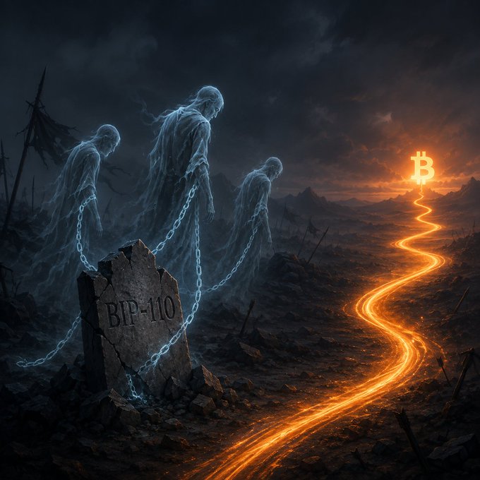 Ghostly figures bound by chains to a crumbling tombstone marked "BIP-110" linger in a desolate wasteland, while a glowing Bitcoin symbol lights a winding path toward a distant sunrise—visualizing how proponents remain tethered to their lost cause as the broader ecosystem moves forward without them.