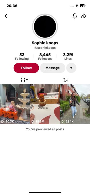 A screenshot of TikTok creator Sophie Koops' profile (@sophiekoops) shows 8,465 followers and 3.2M total likes, with three previewed videos displaying view counts of 20.7K, 19.9M, and 23.1K—illustrating the post's point about viral TikTok content reaching massive audiences across demographics.