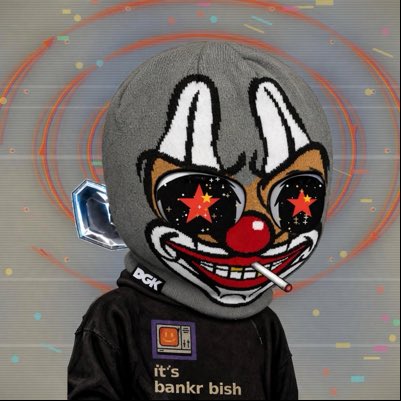 A person wears a creepy gray mask resembling a cartoon rabbit with starry eyes and a wide grin, paired with a black shirt bearing the text "it's bankr bish", set against a background of colorful digital distortion lines.