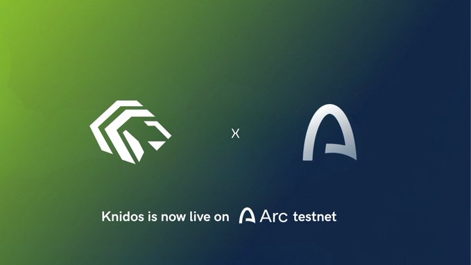 A promotional graphic with a green-to-blue gradient background featuring the Knidos lion logo and Arc logo side-by-side, with the text 'Knidos is now live on Arc testnet'.