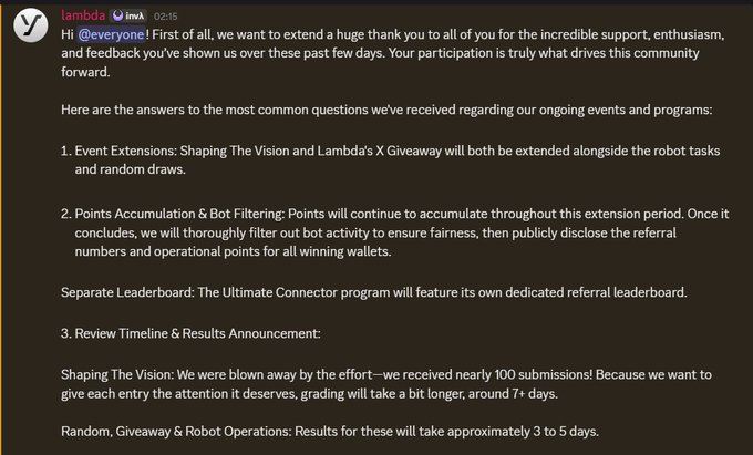 A community announcement post from 'lambda' addressing @everyone with FAQ answers about event extensions, points accumulation, bot filtering, leaderboards, and review timelines for 'Shaping The Vision' and other programs.
