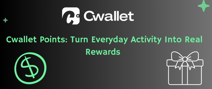 A dark promotional graphic for Cwallet featuring the brand's logo at the top and the headline "Cwallet Points: Turn Everyday Activity Into Real Rewards" flanked by a dollar sign icon and a gift box icon, illustrating how users can convert regular app activity like spending with Cozy Card and completing tasks into redeemable rewards.
