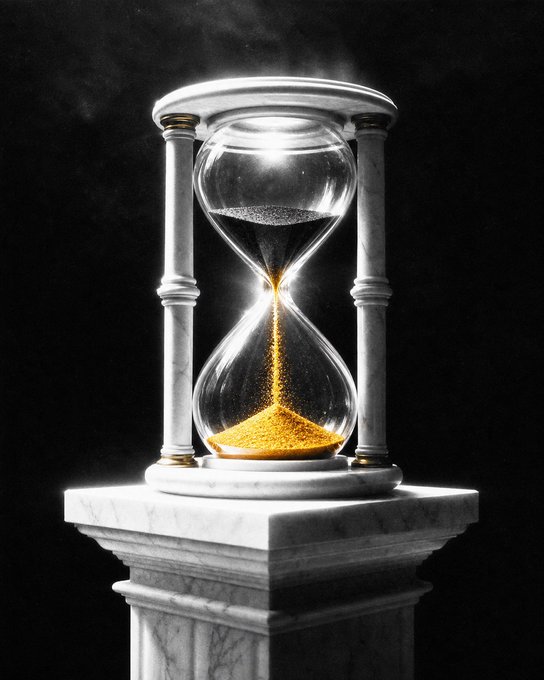 The image shows an ornate hourglass with golden sand flowing through it, mounted on a marble pedestal and column against a dark background. The flowing grains symbolically represent "GM!" as a morning greeting, with the hourglass marking the start of a new day.