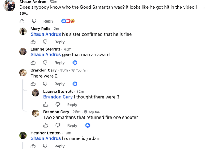 A screenshot of a Facebook comment section from KMVT News 11 shows users inquiring about the identity of the "Good Samaritan" involved in a recent incident. Notable comments include Mary Ralls stating "his sister confirmed that he is fine," Brandon Cary mentioning "Two Samaritans that returned fire," and Heather Deaton confirming "his name is jordan," which aligns with the accompanying post.
