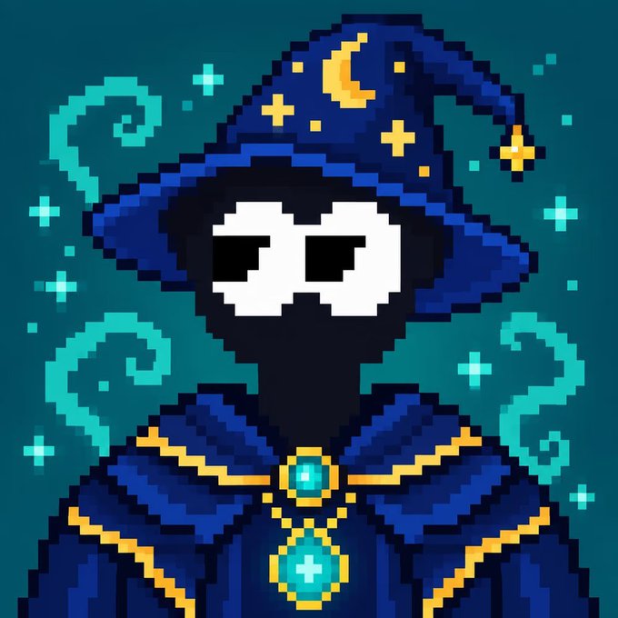 A pixel art wizard with a dark face and white skull-like eyes wears a moon-and-star decorated blue pointed hat and a matching robe with a glowing cyan amulet, surrounded by sparkles and swirls. The "fooms" caption evokes magical energy or a spell-casting effect, complementing the wizard's mystical aura.