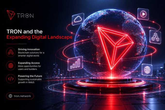 A promotional graphic for the TRON blockchain network featuring its red diamond logo over a glowing digital globe, with text reading 'TRON and the Expanding Digital Landscape' and bullet points on Driving Innovation, Expanding Access, and Powering the Future.