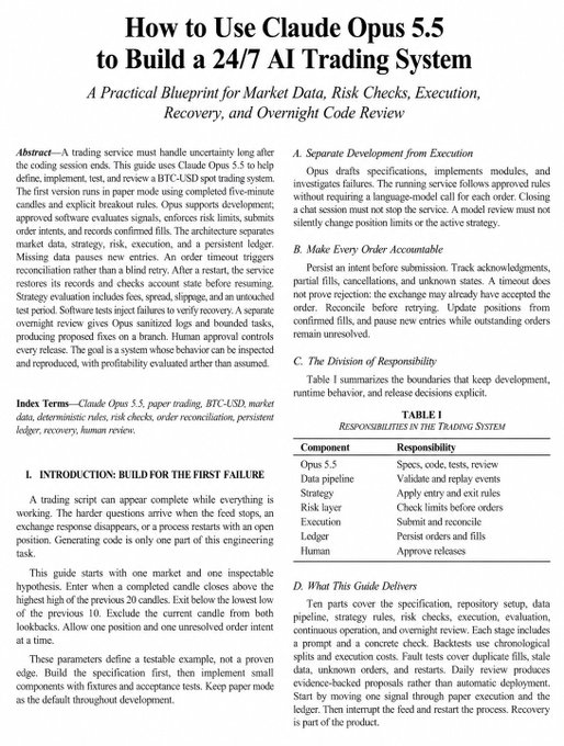A research paper titled 'How to Use Claude Opus 5.5 to Build a 24/7 AI Trading System' covering market data, risk checks, execution, and recovery.