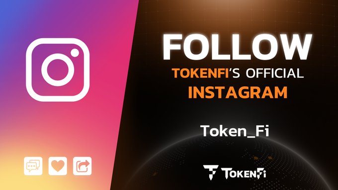 A promotional graphic featuring the Instagram logo on a pink and orange gradient background, alongside bold text reading "FOLLOW TOKENFI'S OFFICIAL INSTAGRAM" with the handle "Token_Fi" and the TokenFi logo displayed at the bottom. The design encourages viewers to follow TokenFi's Instagram page for updates on $TOKEN developments, matching the post's call to action to join their Instagram community.