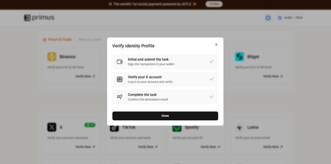 A screenshot of the 'primus' social payment platform showing a 'Verify Identity Profile' pop-up with three completed steps marked by orange checkmarks.