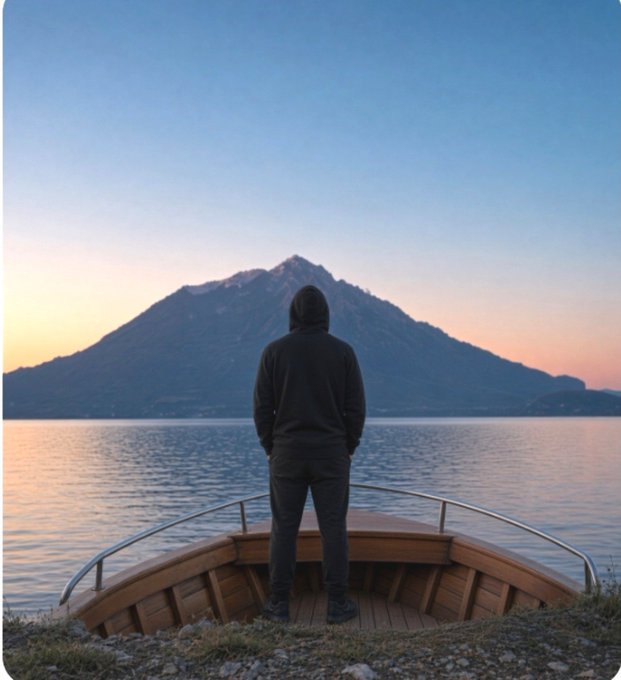 A person in a dark hoodie and pants standing on the wooden bow of a boat, looking out over calm water at a large mountain under a twilight sky.