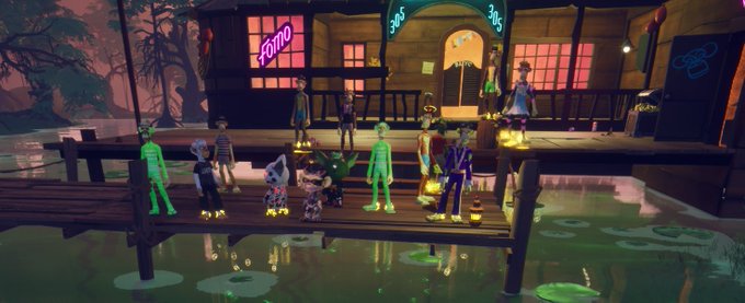 A video game scene showing a group of cartoonish zombie-like characters on a wooden dock at night, with a 'FOMO' neon sign and a spooky house in the background.