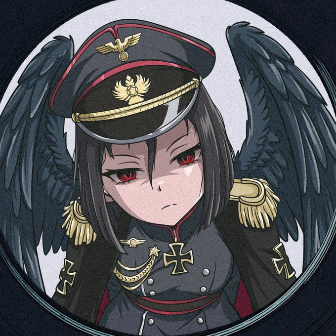 An anime character with large black wings and red eyes wears a dark military uniform with gold epaulets and a peaked cap featuring an eagle emblem.