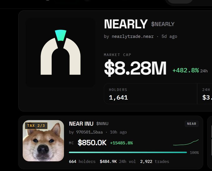 A crypto tracking website showing $NEARLY token with a $8.28M market cap (+482.8% 24h) and 1,641 holders, alongside a related $NEAR INU ($NINU) token with a dog image showing a $850.0K market cap.