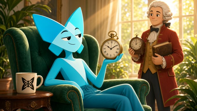 A modern blue, sharp-edged character lounges in a green wingback armchair holding a pocket watch, while a powdered-wig historical figure beside him holds another timepiece and a book, with a butterfly-motif mug on a side table—the whimsical contrast of timepieces visually echoing the post's theme of "only clock" and counting digits.