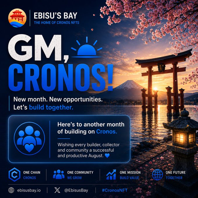 A 'GM, CRONOS!' promotional poster by Ebisu's Bay, set against a Japanese landscape with Mount Fuji and cherry blossoms, wishing a productive August for the Cronos community.