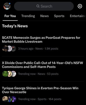 A mobile app news feed showing headlines including '$CATE Memecoin Surges as PoorGoat Prepares for Market Bubble Livestream' and 'X Divide Over Public Call-Out of 14-Year-Old's NSFW Commissions and Self-Harm Posts'.