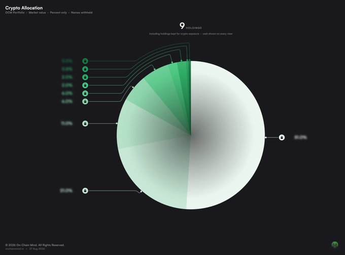A dark-themed pie chart titled "Crypto Allocation" displays a portfolio breakdown with a single dominant white slice comprising the majority (~88-90%), alongside smaller green and mint segments representing various cryptocurrencies including NO CHICK (9%), ETH, and others, illustrating the author's concentrated crypto holdings and how the second-largest position exceeds their typical cap.