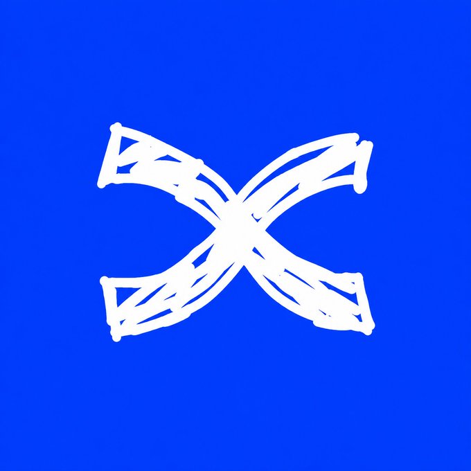 A simple blue background featuring a hand-drawn white 'X' or cross symbol in the center, likely representing a generic social media close/repost icon.