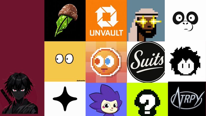 A colorful collage of various pixel art and NFT-style character logos including UNVAULT, Suits, and ATRPY, featuring meme faces, anime characters, and crypto-themed designs.