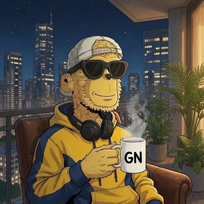A cartoon illustration depicts an anthropomorphic yellow bear character wearing sunglasses, a cap, and headphones, holding a mug labeled 'GN' on a balcony with a city skyline at night.