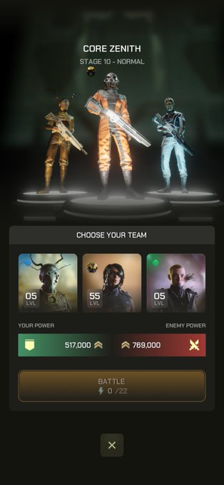 A mobile game screenshot showing a "CORE ZENITH STAGE 10 - NORMAL" battle screen where the player must choose a team of three Level 05 characters to fight, with their power at 517,000 against an enemy power of 769,000. The image humorously illustrates the poster's "Am I doing this right?" question, as their team power is significantly lower than the enemy's, suggesting they're underpowered for this stage.