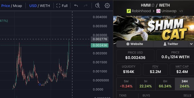 A screenshot of a cryptocurrency trading interface showing the price chart for HMM/WETH, displaying a price of $0.002436, a 24-hour change of 244%, and a market cap of $2.4M, featuring a graphic of a cat's face.