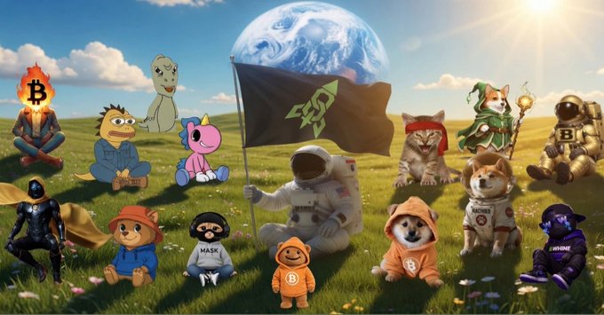 The image features a cartoon-like scene of various animals, including dogs, cats, and other creatures, sitting together on grass with flags flying above them. The animals are dressed up in costumes or outfits that resemble humans, giving the impression that they might be part of an animated movie or TV show. The post is titled "It's Prolly Nothing... But I'm Noticing That @gemchainapp Posts Get Hundreds Of Fewer Shares And Views When They Leave $MANYU Out." This suggests that the animals in the image are gaining attention and popularity, possibly due to their unique costumes and the whimsical nature of the scene.