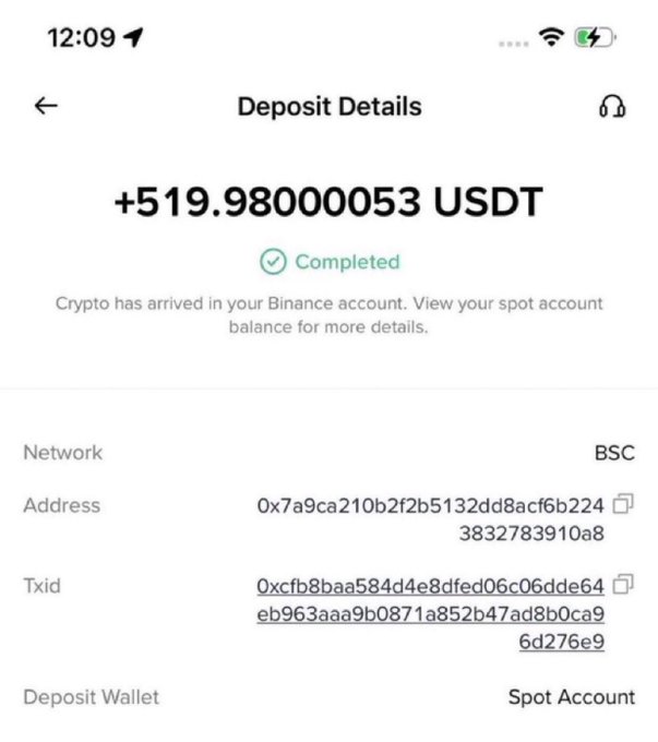 A screenshot of a Binance "Deposit Details" screen showing a completed deposit of +519.98000053 USDT via the BSC network, likely used to falsely claim receipt of a $5,000 crypto giveaway in a scam tweet soliciting users to drop their Solana wallet addresses.
