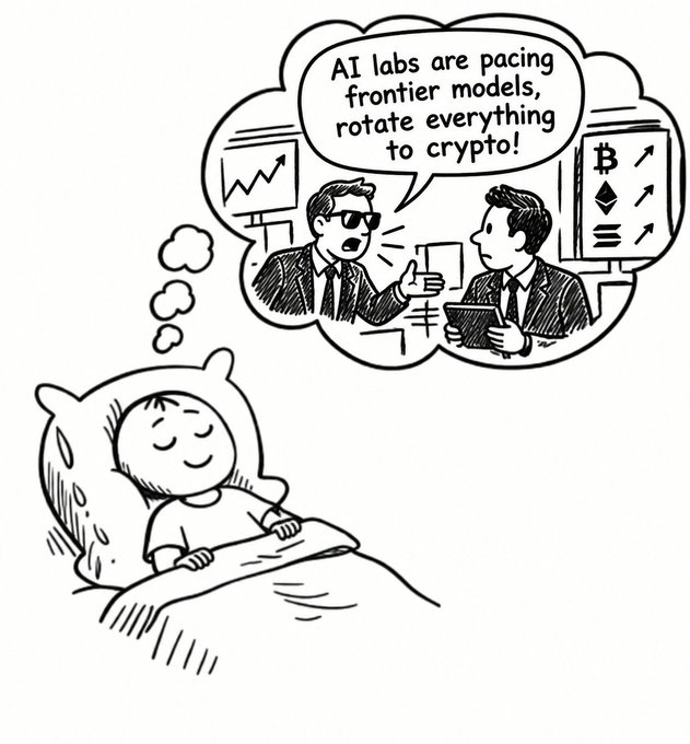 A black-and-white sketch of a sleeping child dreaming of businessmen discussing crypto, with the speech bubble reading 'AI labs are pacing frontier models, rotate everything to crypto!' alongside Bitcoin and Ethereum charts.