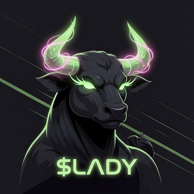 A digital illustration of a fierce black bull with glowing green horns and neon pink rings piercing through them, accompanied by the "$LADY" ticker in green text at the bottom—serving as the mascot artwork for the Solana memecoin "Lady Bull ($LADY)" being launched on Pump.fun.